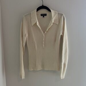 Generation Love Cream Rib-Knit Polo Top Pearl Buttons - Cashmere & Wool Blend